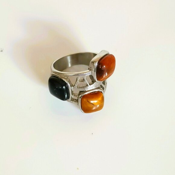 Stainless Steel 3 Stone Ring 9.25 Open Work Tiger Eye Black Onyx - Picture 3 of 8